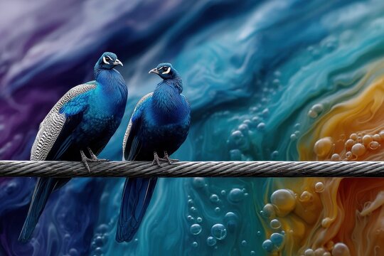Two vibrant blue birds perched on a wire against a colorful abstract background