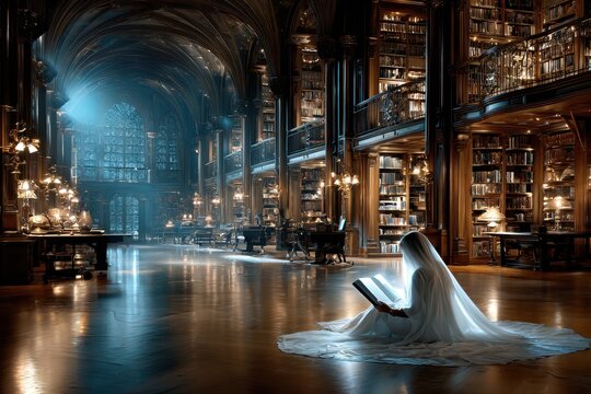 Ethereal figure reading in a grand library illuminated by soft light