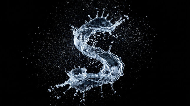 Water splash in the shape of the letter s isolated on black background