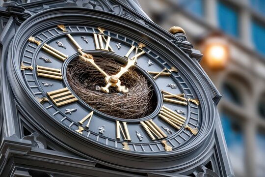 Close up of ornate clock with bird nest