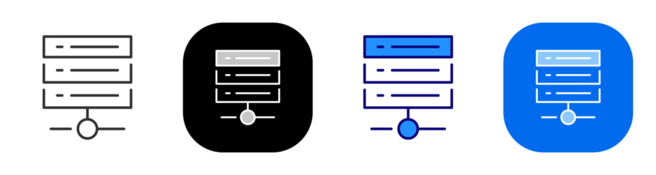 Server stack for data storage hosting infrastructure and online service. Line, filled, black, color set. Editable stroke