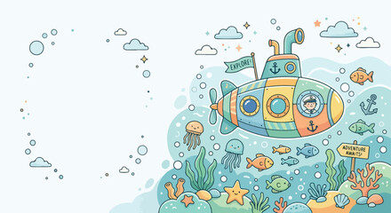 Naklejka premium A cute cartoon vector illustration of a colorful submarine exploring an ocean full of fish, jellyfish, and coral reefs.