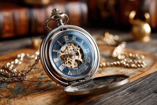 Vintage Pocket Watch with Gold Chain on Antique Map and Books