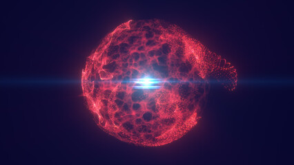 Fototapeta premium Red glowing digital particle sphere with cellular plasma patterns, central lens flare, and dark futuristic sci-fi background.