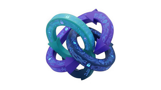 3D metallic intertwined rings in gradient blue, purple, and teal with glossy reflective finish