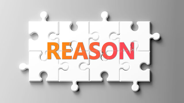 Reason complex like a puzzle - pictured as word reason on a puzzle pieces to show that reason is complex and needs cooperating pieces that fit together. ,3d illustration