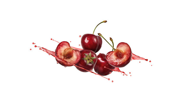 Fresh red cherries, some whole and some halved, splashing in red fruit juice droplets against a solid black background, food shot