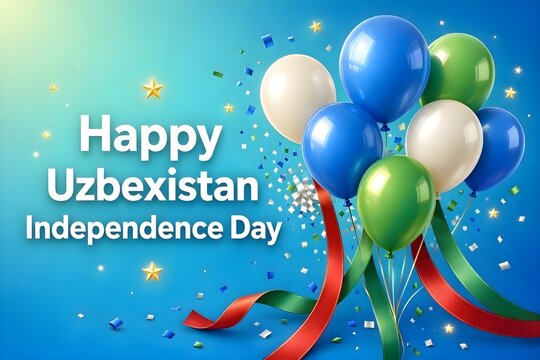 Festive Uzbekistan Independence Day poster featuring colorful balloons in blue, white, and green, patriotic ribbons, confetti explosion, glowing stars