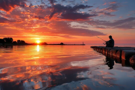 Lone Fisherman at Sunset on a Tranquil Lake