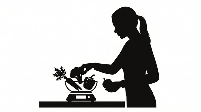 Silhouette of a woman weighing fresh vegetables on a digital kitchen scale