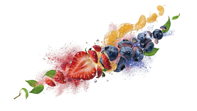 Fresh strawberry slice, orange segments, and blueberries with colorful fruit powder splashes on a black background, vibrant food
