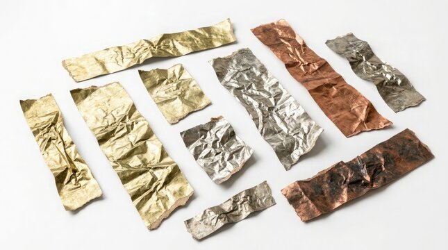 A collection of various crumpled metallic foil strips in gold silver and bronze colors arranged on a clean white background for creative design