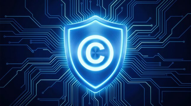 Glowing blue metallic copyright symbol sits centered inside a polished shield shape representing digital intellectual property protection and secure ownership