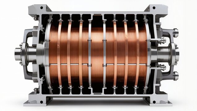 Electric motor stator copper winding end-turn cutaway, white background