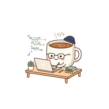 Cute Coffee Cup Programmer Coding on Laptop, Kawaii Developer Illustration