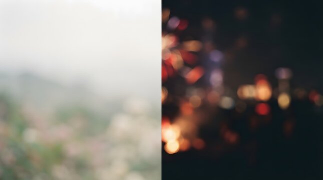 Split screen view showing a soft natural landscape blur and a dark night sky with glowing bokeh lights with background with background