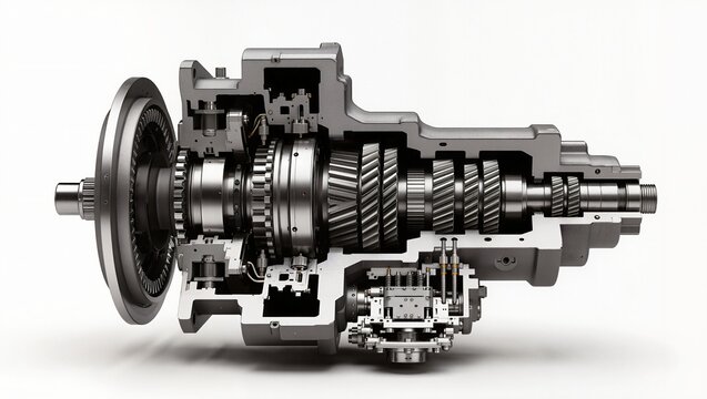 Automatic transmission gearbox with clutch pack cutaway, white background