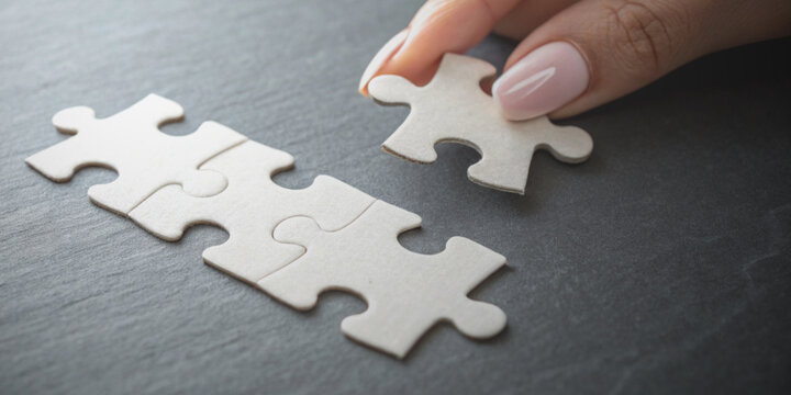 Business support and teamwork with a woman who's thinking about placing the missing piece into the jigsaw puzzle