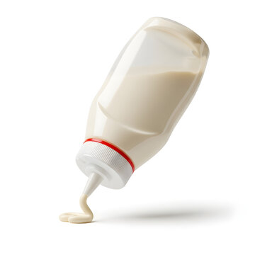 Creamy Condiment Squeeze Bottle: A clear plastic squeeze bottle with a red and white cap contains creamy white mayonnaise, with a dollop of the condiment artistically oozing from the nozzle.