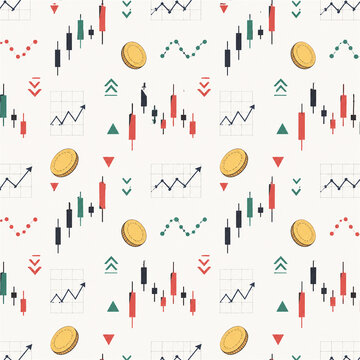 Seamless financial trading pattern with candlestick charts coins line graphs arrows and market symbols on a bright background for investing stock exchange analysis and economic growth themes