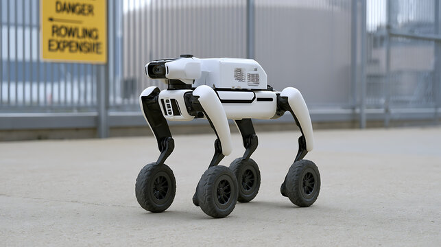 Autonomous four legged robotic device with all terrain wheels for industrial inspection and security patrol in modern facility environment