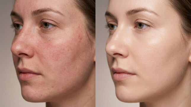 Before and After Skincare: Woman's Face Comparison with Redness Improvement