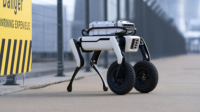 Autonomous robot quadruped with wheels navigate industrial site past danger sign, representing advanced technology and automation concepts