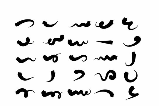 Chinese brush strokes swirl, line curve, calligraphy paint spiral elements. Hand drawn chinese ink brush paint stroke swish, swoosh wave doodles. Grunge texture abstract line. Vector illustration