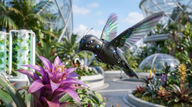 Futuristic robotic hummingbird pollinating a purple flower in a high-tech greenhouse biodome