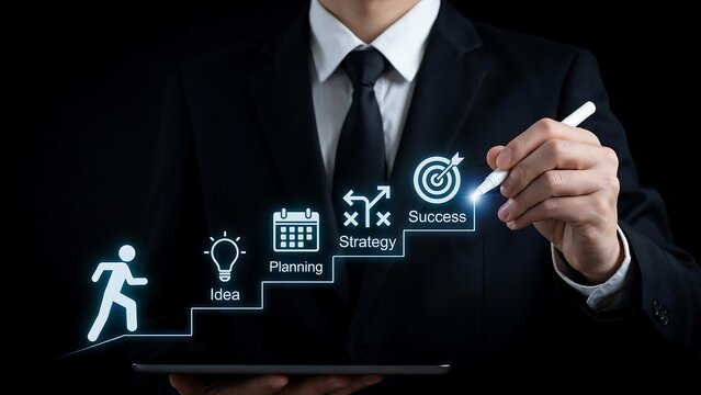 Businessman using stylus on tablet to draw business strategy steps from idea to success against dark background