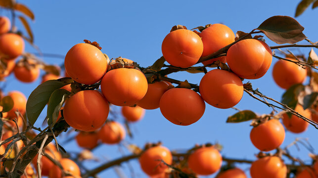 Persimmon tree full of ripe orange fruit against a blue autumn sky in Korea