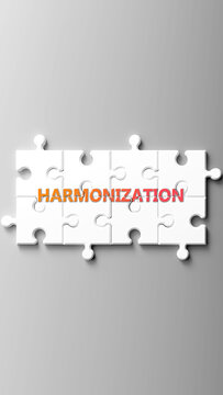 Harmonization complex like a puzzle - pictured as word harmonization on a puzzle pieces to show that harmonization is complex and needs cooperating pieces that fit together. ,3d illustration
