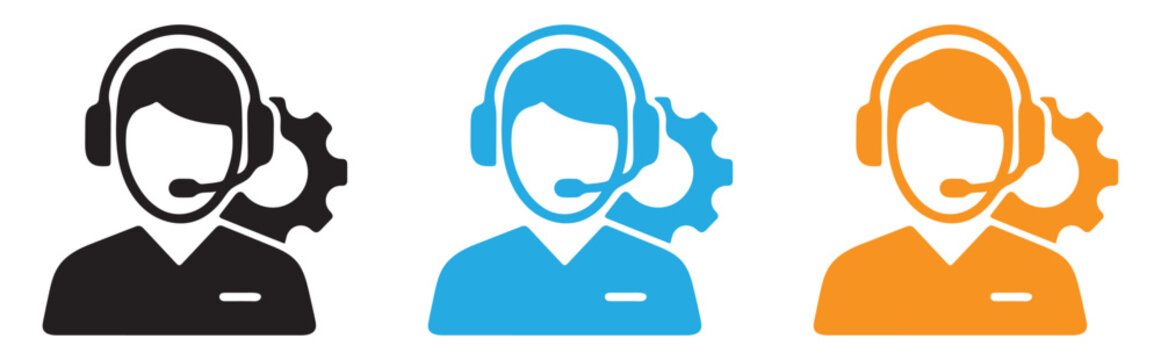 Customer support agent icon with headset and gear for technical assistance during online communication