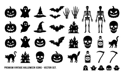 Fototapeta premium Collection of black silhouette halloween icons featuring spooky characters and traditional holiday symbols isolated on transparent background