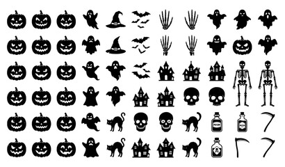 Obraz premium Collection of various black halloween silhouettes isolated on transparent background