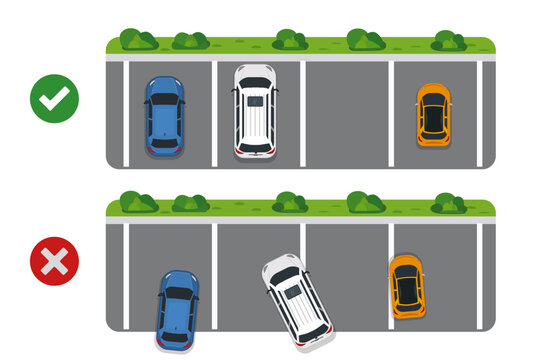 Correct and incorrect car parking, concept with vehicles good and bad parked, top down overhead view, with green checkmark and red cross symbols, flat design stock vector illustration