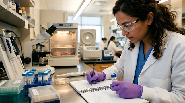 Scientist working in laboratory, writing notes on notebook, holding vial, wearing safety glasses