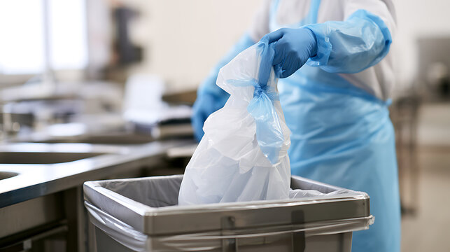 Worker in protective gear discard refuse bag into stainless steel bin inside commercial kitchen or food processing facility environment now