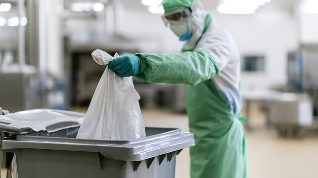 Hazardous waste disposal protocol inside industrial facility with worker in full protective gear handle refuse bin safe environment care