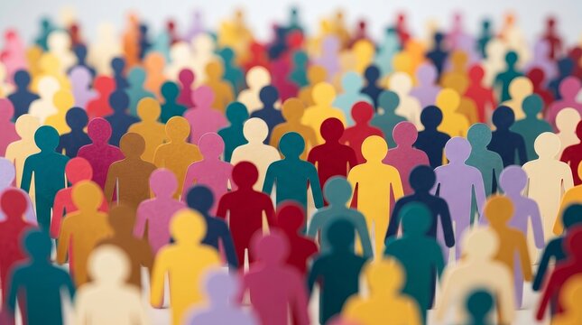 A large crowd of colorful paper cutouts symbolizing female internet users and digital community.