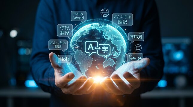 Global language translation concept featuring a glowing holographic world and various speech bubbles.