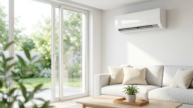 A bright and contemporary living room with an air conditioner mounted on a white wall.