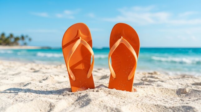 Summer vacation mood concept with orange flip flops on a sandy beach near turquoise ocean water.