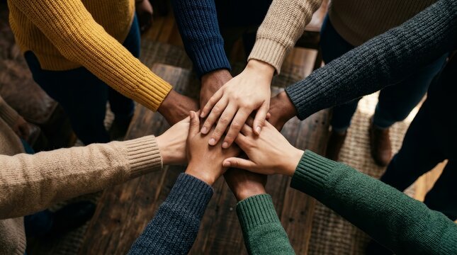 A group of people stacking hands to symbolize unity in mental health treatment services and support.