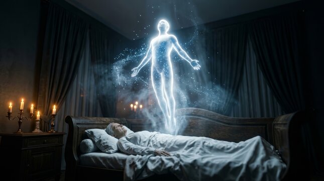 Ascension of a glowing human soul departing from a deceased person lying on a couch.