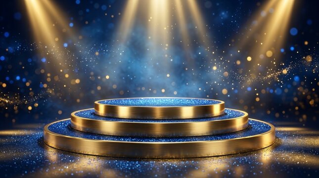 An elegant golden stage shines beneath sparkling blue lights for a magical awards ceremony.