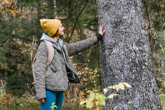 A young woman in a yellow beanie lovingly touches the textured bark of a massive tree trunk in a forest. Eco-friendly outdoor concept captures the deep, grounding