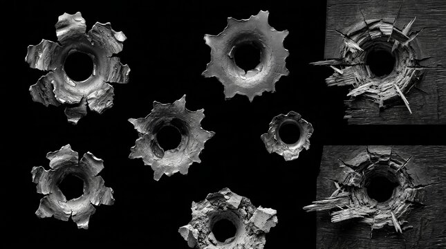 Round bullet hole texture and explosion marks cutout on black background.