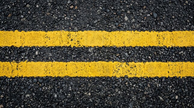 Black asphalt road surface with prominent yellow lines in a top-down perspective.