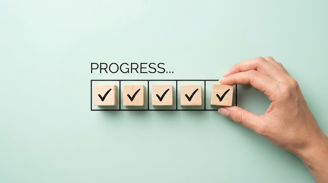Task progress tracking concept showing a hand finishing a checklist on wooden blocks.